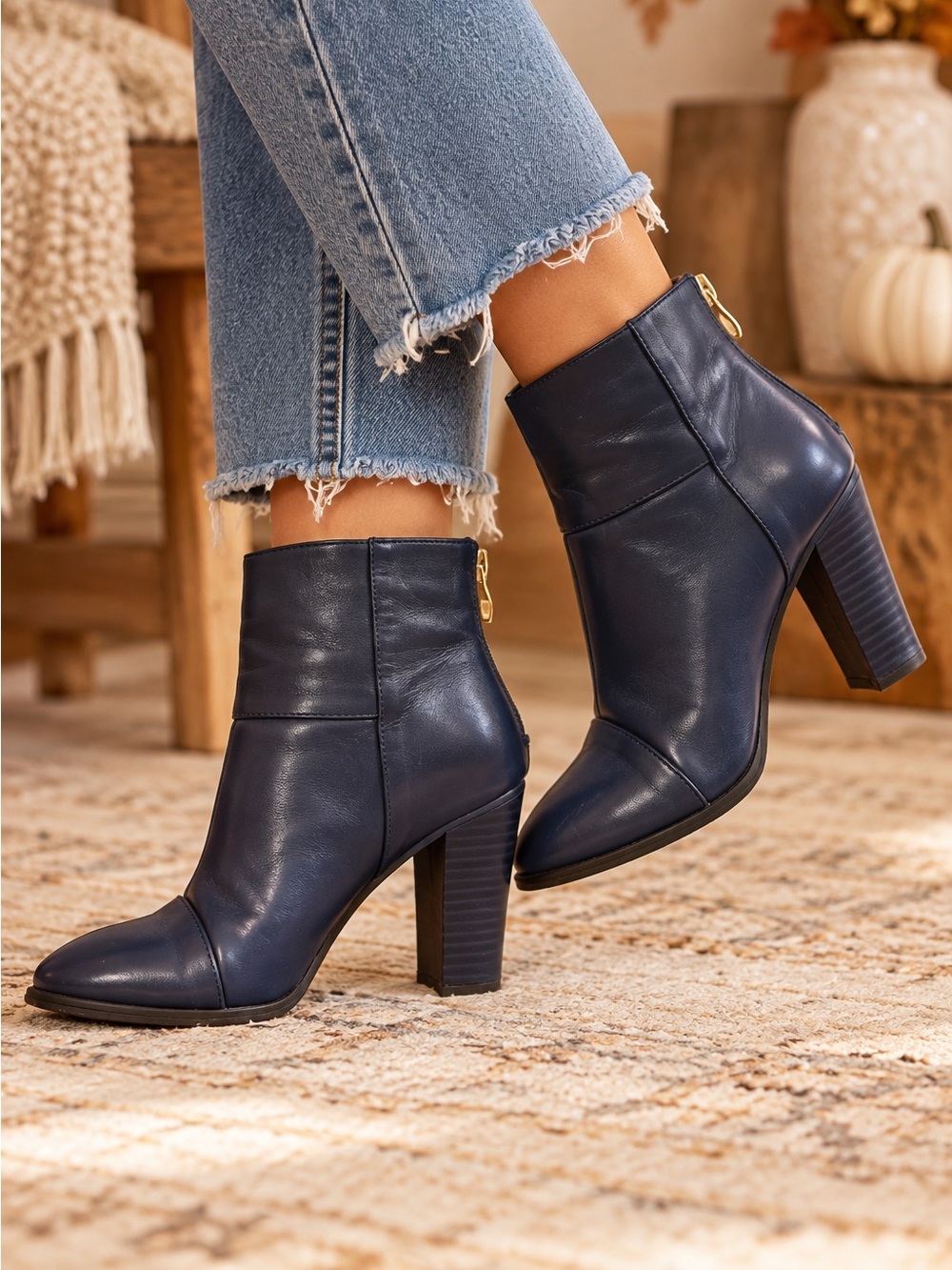 Allegra K Navy Blue Block Heel Ankle Boots Gold Zip Size 8.5